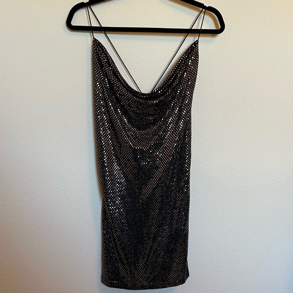 NWT Forever 21 Black & Gold Sequin Cross Back Mini Dress - Size L